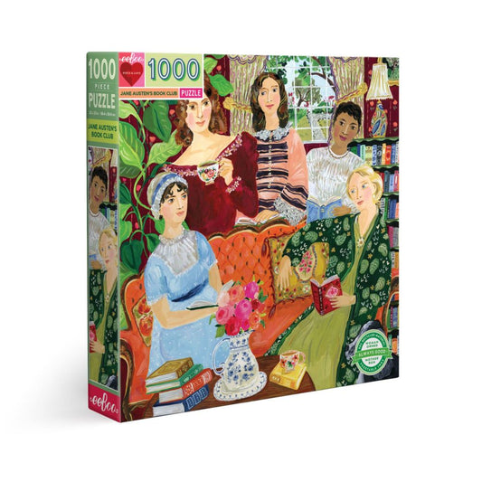 eeBoo 1000-piece jigsaw puzzle box featuring Jane Austen's Book Club illustration with five women reading and socializing in a cozy library setting