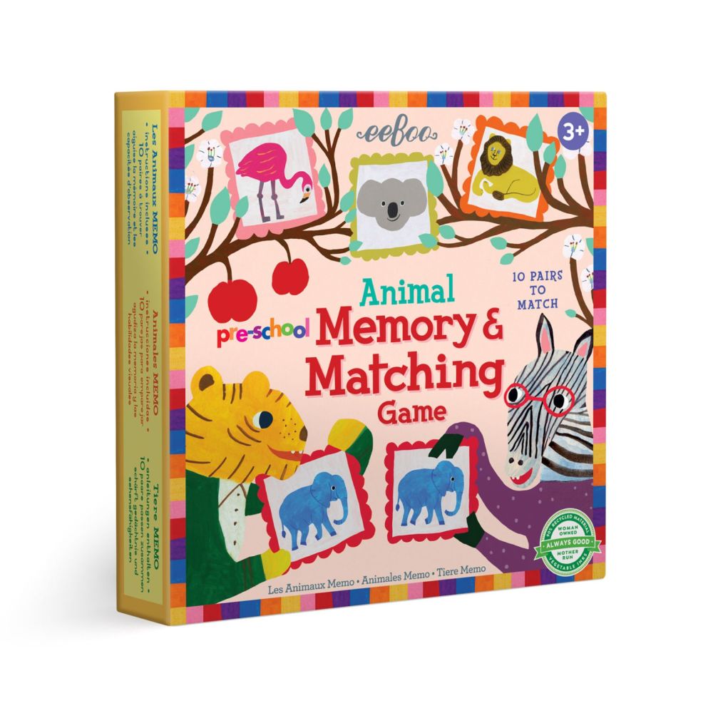 eeBoo Pre-School Animal Memory & Matching Game box featuring colorful animal illustrations including flamingo, koala, lion, zebra, tiger, and elephant with 10 p