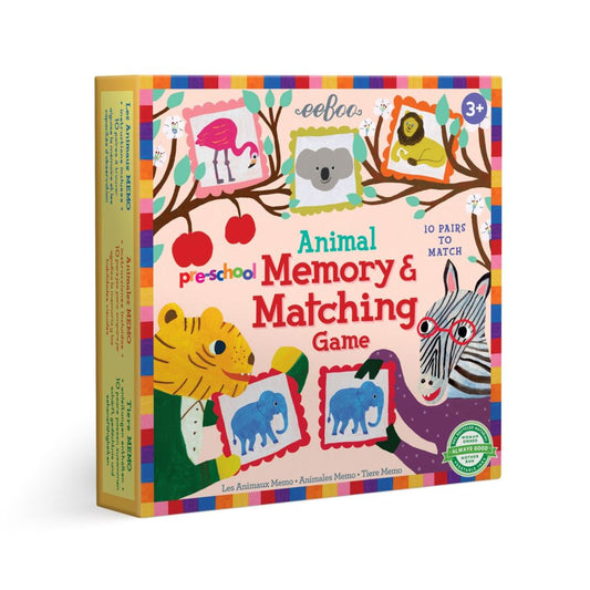 eeBoo Pre-School Animal Memory & Matching Game box featuring colorful animal illustrations including flamingo, koala, lion, zebra, tiger, and elephant with 10 p