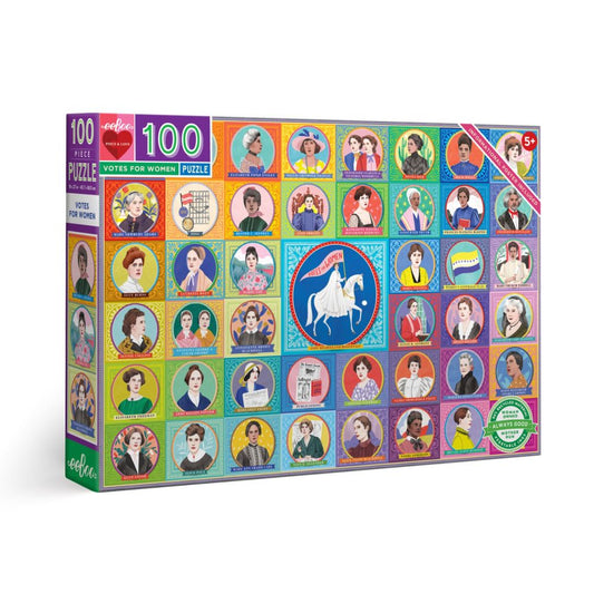 Votes for Women 100-piece puzzle box featuring colorful grid of historical female figures and a central image of a woman on horseback with a flag