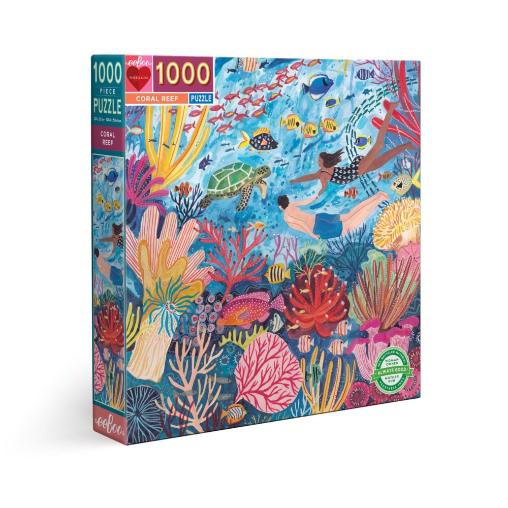 eeBoo Coral Reef 1000-piece puzzle box featuring illustrated underwater scene with colorful corals, sea turtle, fish, and two snorkelers