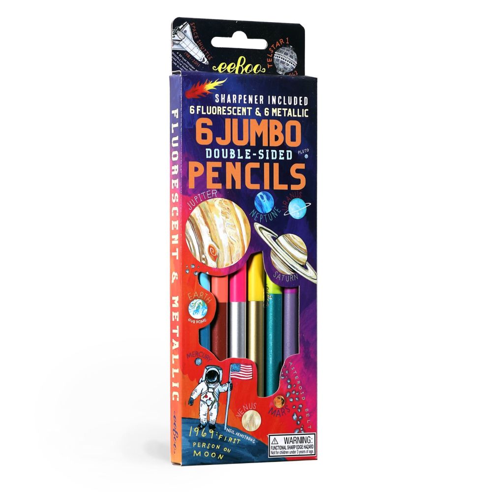 eeBoo Solar System 6 jumbo double-sided pencils set with sharpener included, featuring 6 fluorescent and 6 metallic colors with planet and space themed graphics