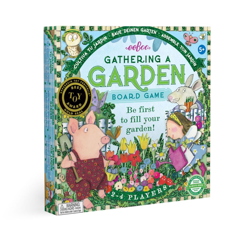 eeBoo Gathering a Garden board game box featuring illustrated animals and colorful flowers, for 2-4 players ages 5+