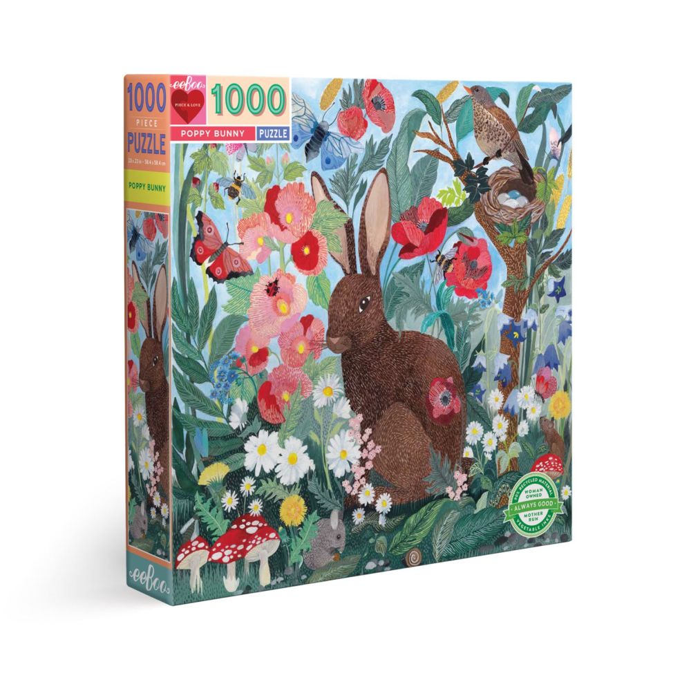 eeBoo Piece and Love Poppy Bunny 1000-piece puzzle box showing illustrated brown rabbit surrounded by red poppies, pink flowers, green foliage, birds, and mushr