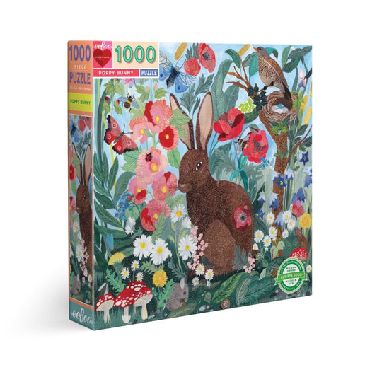 eeBoo Piece and Love Poppy Bunny 1000-piece puzzle box showing illustrated brown rabbit surrounded by red poppies, pink flowers, green foliage, birds, and mushr
