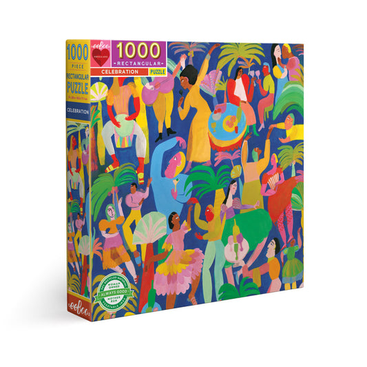 eeBoo Celebration 1000-piece rectangular jigsaw puzzle box featuring colorful illustrated people dancing, playing music, and celebrating with tropical plants an