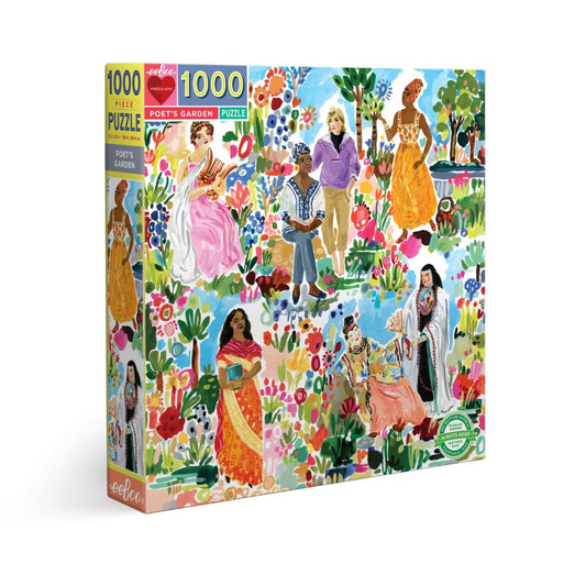 Poet's Garden 1000-piece jigsaw puzzle box featuring illustrated women in colorful dresses among vibrant flowers and garden plants