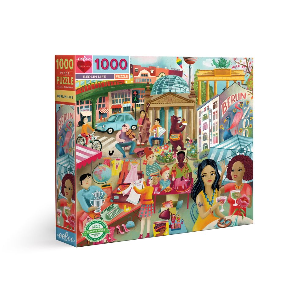eeBoo Berlin Life 1000-piece puzzle box showing colorful illustrated scene of diverse people enjoying Berlin landmarks, cafes, and street life