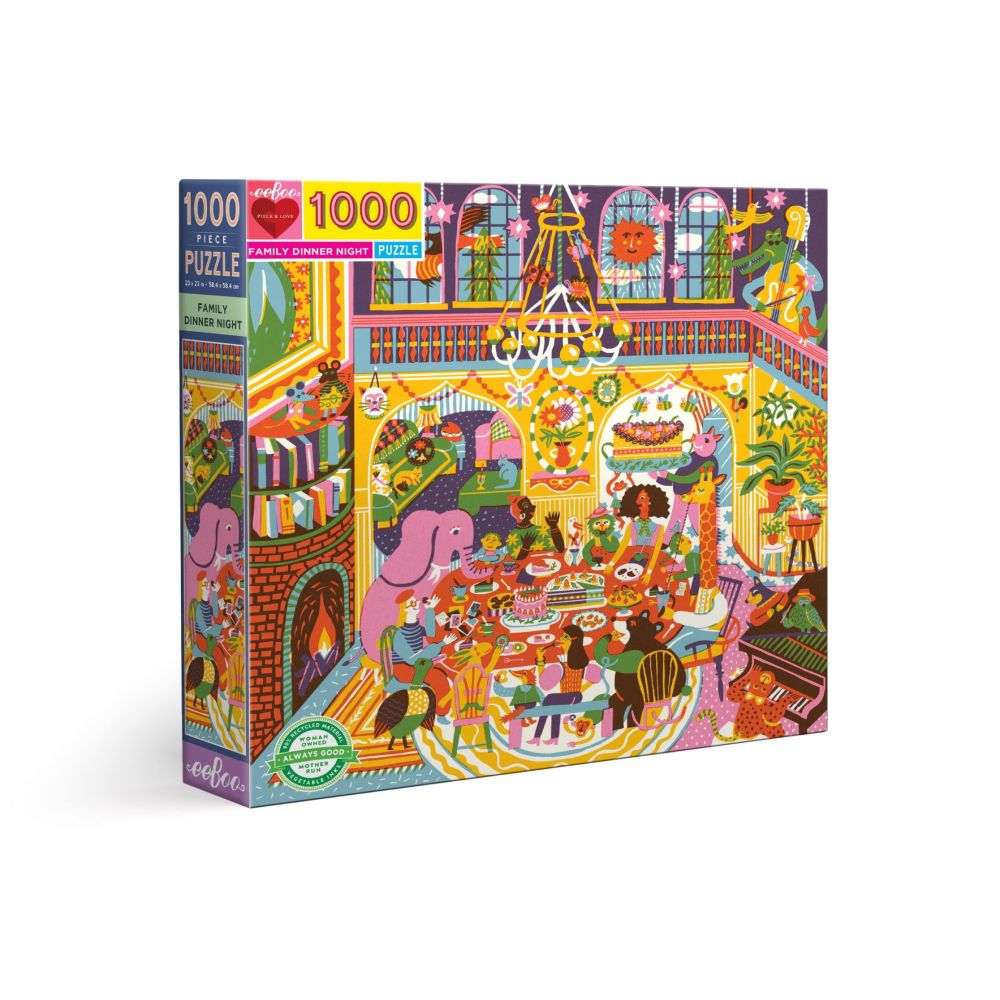 1000-piece jigsaw puzzle box showing colorful illustrated family dinner scene with elephant characters, festive table, fireplace, and decorative interior