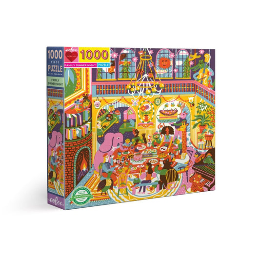 1000-piece jigsaw puzzle box showing colorful illustrated family dinner scene with elephant characters, festive table, fireplace, and decorative interior