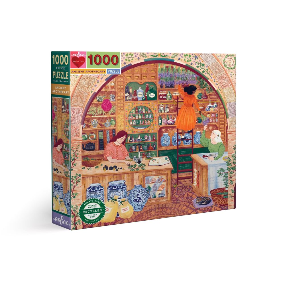 eeBoo Ancient Apothecary 1000-piece jigsaw puzzle box showing illustrated scene of people working in a colorful apothecary shop with shelves of bottles and herb