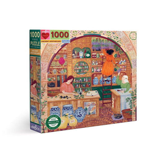 eeBoo Ancient Apothecary 1000-piece jigsaw puzzle box showing illustrated scene of people working in a colorful apothecary shop with shelves of bottles and herb