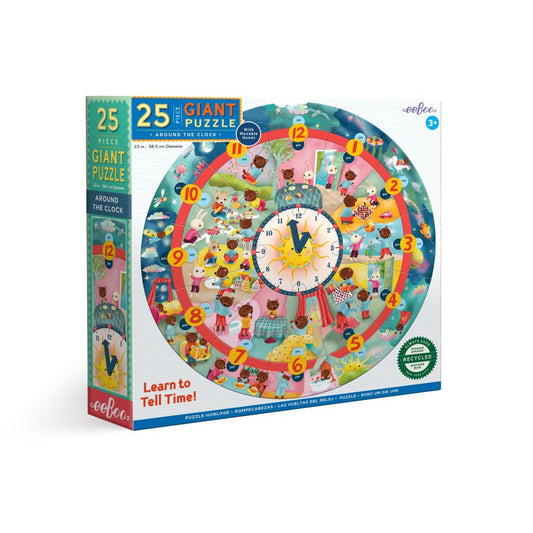 eeBoo Around the Clock 25-piece giant round puzzle with colorful illustrated clock face and daily activities, Learn to Tell Time educational game for ages 3+