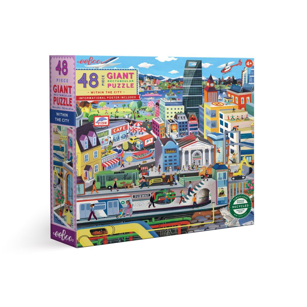 eeBoo 48-piece giant rectangular puzzle box featuring colorful illustrated city scene with buildings, subway, bus, people, and urban landmarks
