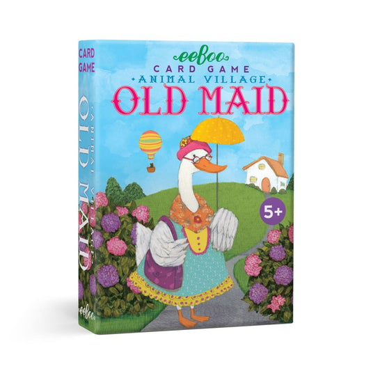 eeBoo Animal Village Old Maid card game box featuring an illustrated goose in a garden with a yellow umbrella, pink flowers, and a cottage