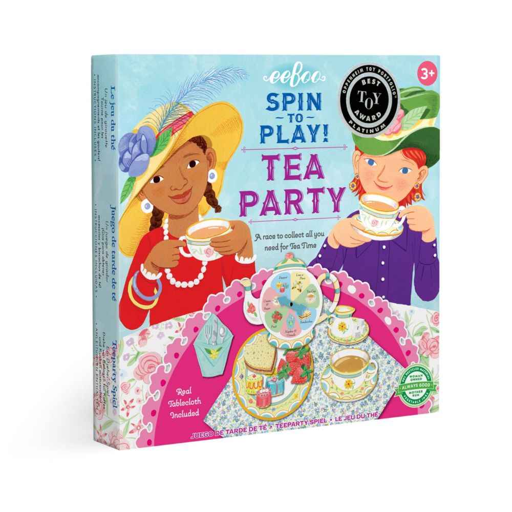 eeBoo Spin to Play Tea Party game box featuring illustrated characters holding teacups, a spinner wheel, tea set pieces, and included tablecloth