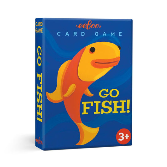 eeBoo Go Fish card game box featuring a yellow and red fish on blue background, ages 3+