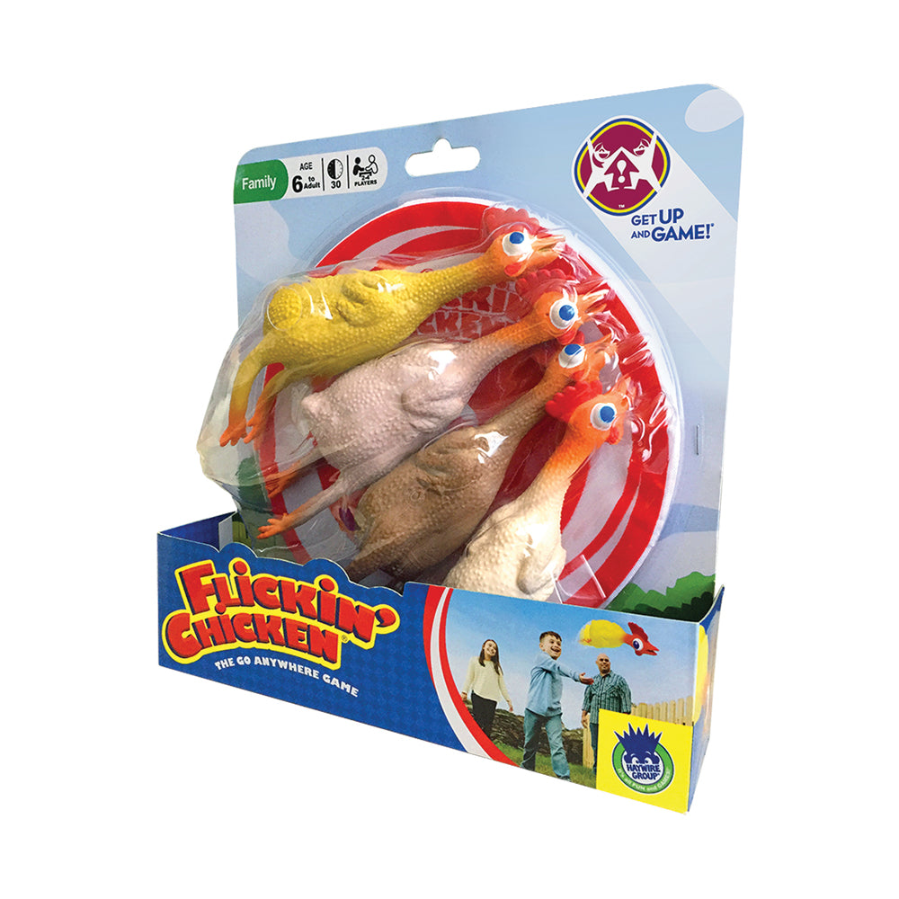 Flickin' Chicken outdoor game with red circular target and four colorful chicken-shaped flickers in yellow, white, tan, and orange