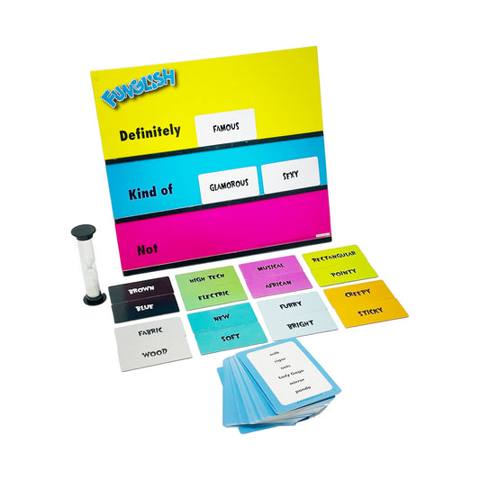 Funglish board game showing yellow, blue, and pink game board with category strips and word cards, timer, and scoring tokens displayed on plain background