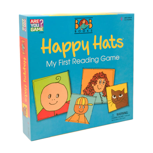 Bob Books Happy Hats My First Reading Game box featuring colorful illustrated characters wearing different hats on turquoise background