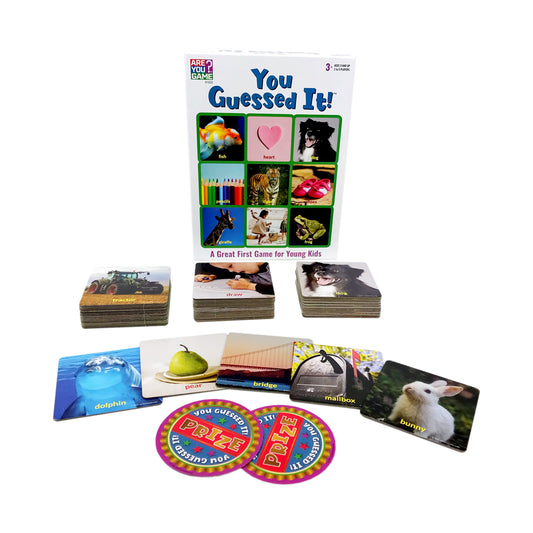 You Guessed It! board game box and contents displayed including game cards with images of animals, objects, and activities, three card decks, and two purple pri