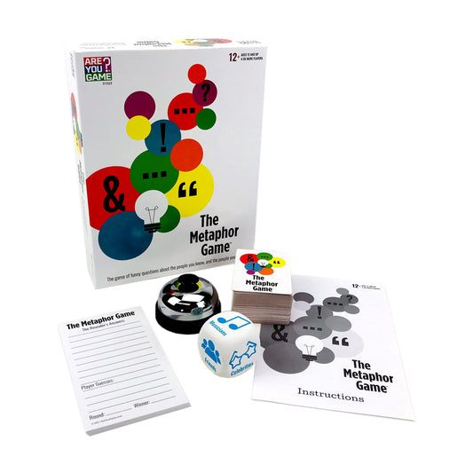 The Metaphor Game box and contents displayed, including colored game tokens, die, bell, scoresheet, and instruction cards