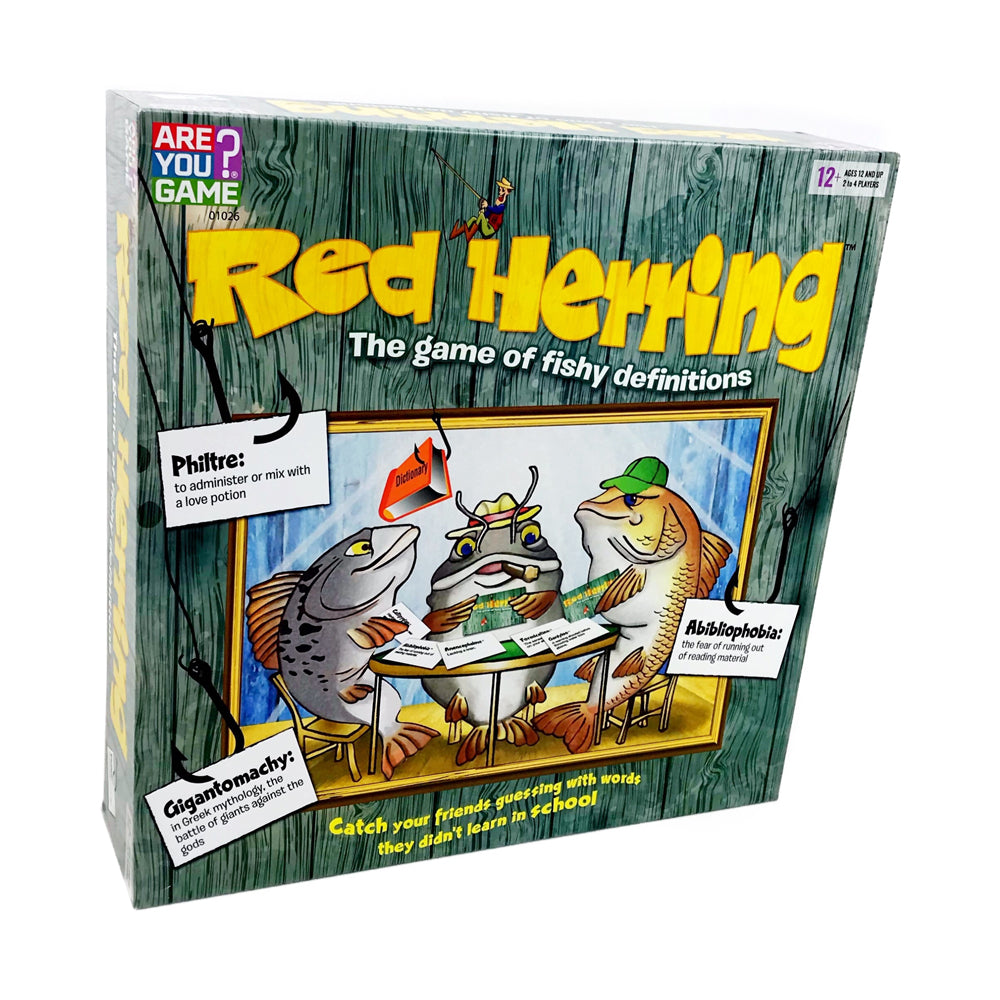 Red Herring board game box showing cartoon fish characters at a table with word cards, tagline 'the game of fishy definitions'