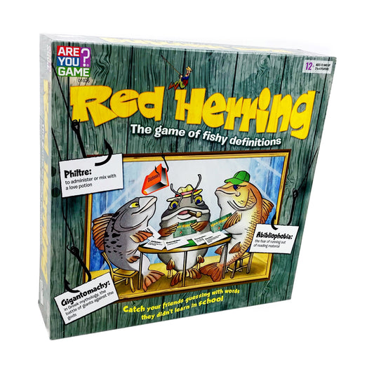 Red Herring board game box showing cartoon fish characters at a table with word cards, tagline 'the game of fishy definitions'