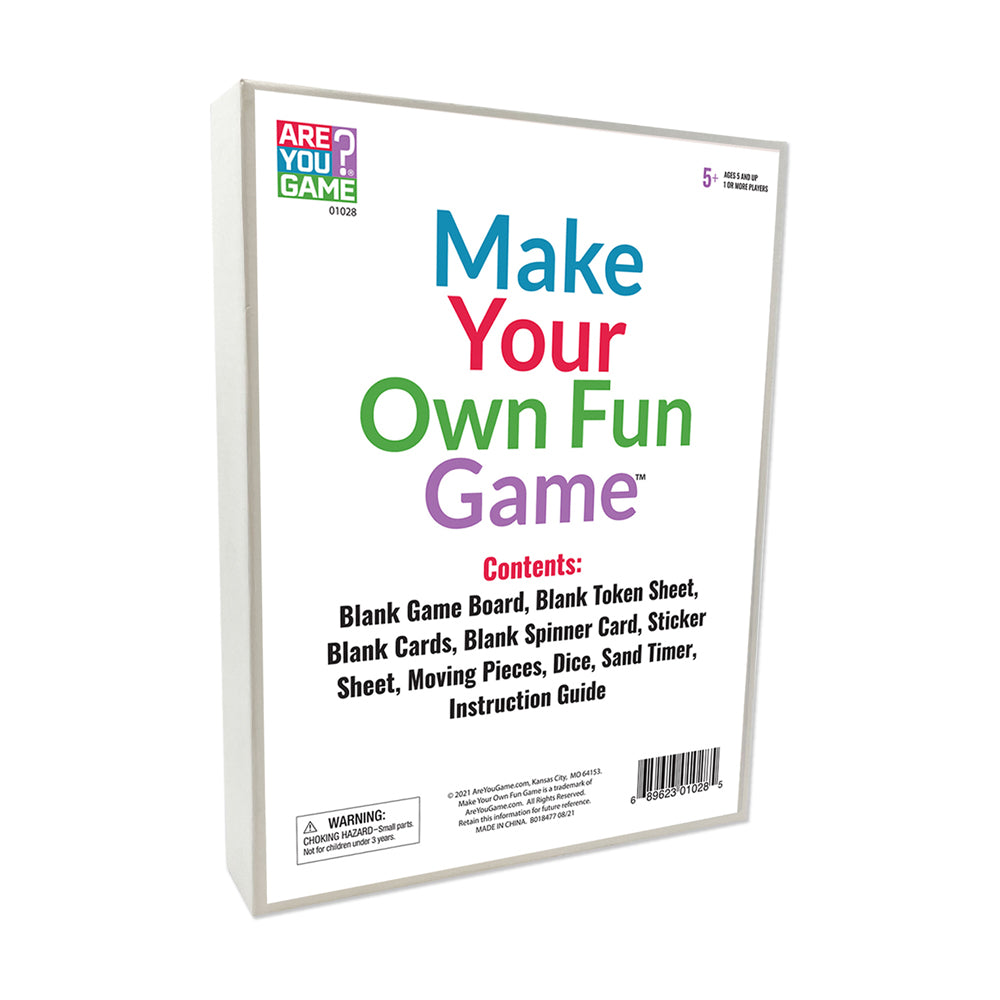 Are You Game Create-A-Board Customizable Board Game Kit box showing colorful text reading 'Make Your Own Fun Game' with contents listed including blank game boa