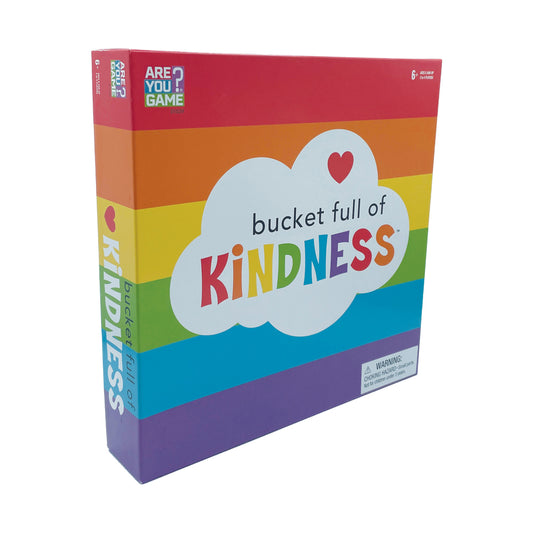 Bucket Full of Kindness board game box with rainbow-striped design and cloud-shaped logo