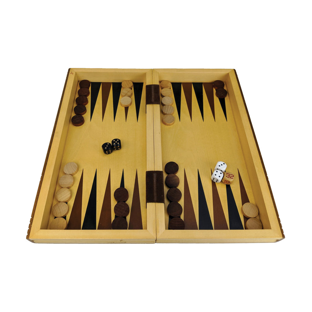 Classic Backgammon Board Game with wooden playing pieces, dice, and black triangular point markers on natural wood board