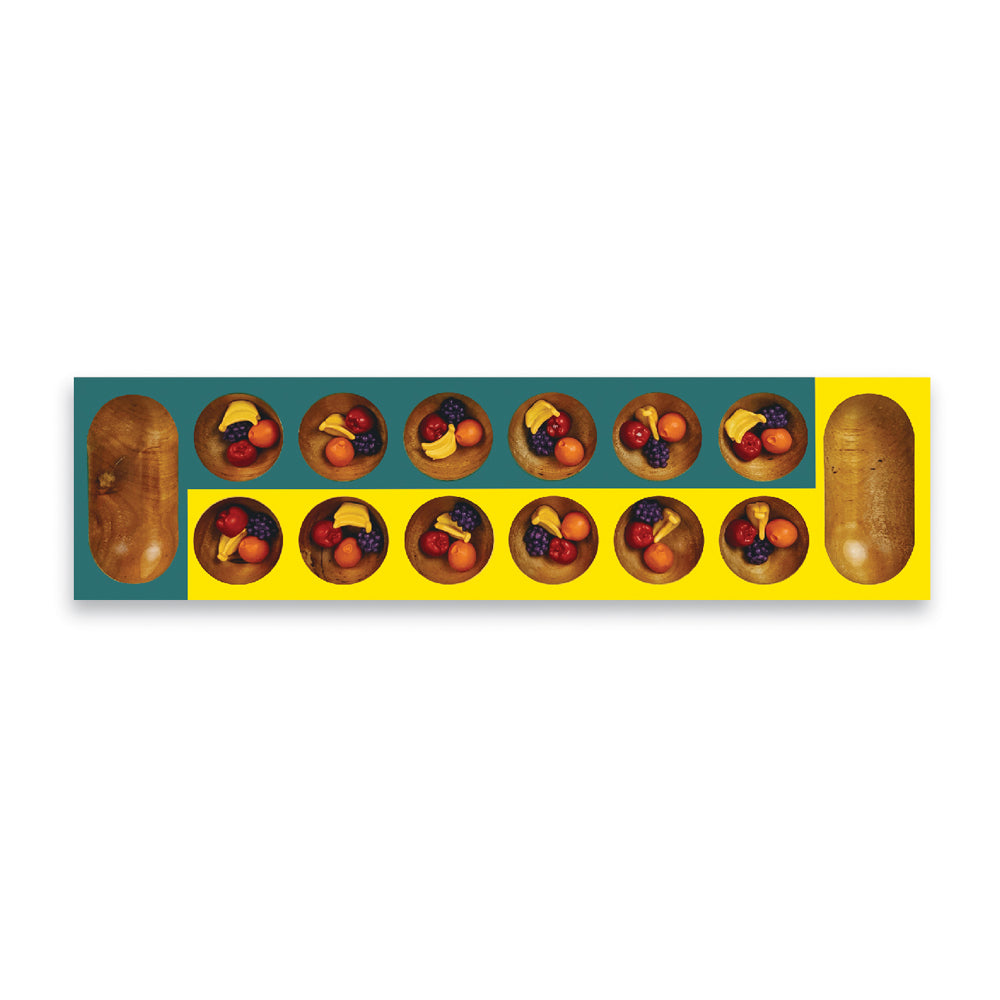 Kid-Cala Colorful Wooden Mancala Board Game showing teal and yellow board with wooden bowls containing red apples, orange fruits, and dark berries
