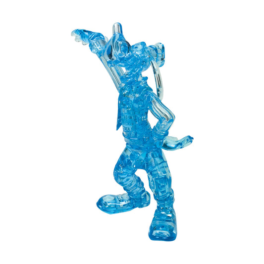 Blue translucent 3D crystal puzzle of Disney's Goofy in standing pose with one arm raised, assembled and displayed against white background