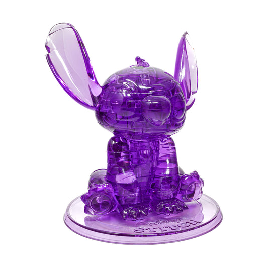 Purple translucent 3D crystal puzzle of Disney's Stitch character with articulated ears and base, assembled on plain background