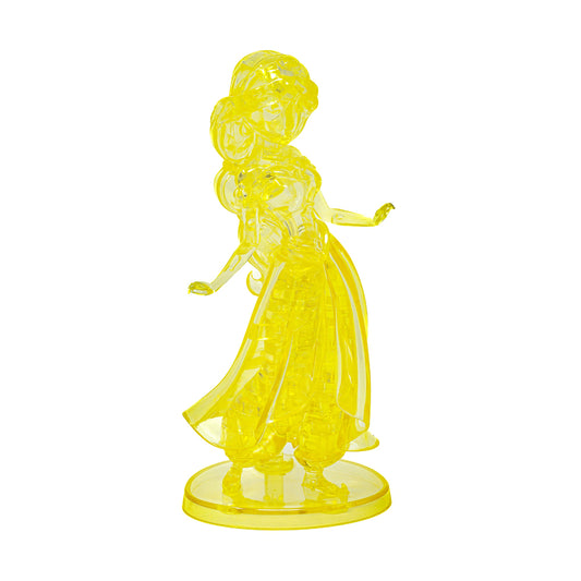 Yellow transparent 3D crystal puzzle of Disney's Jasmine in her iconic ball gown, assembled and displayed on a round base