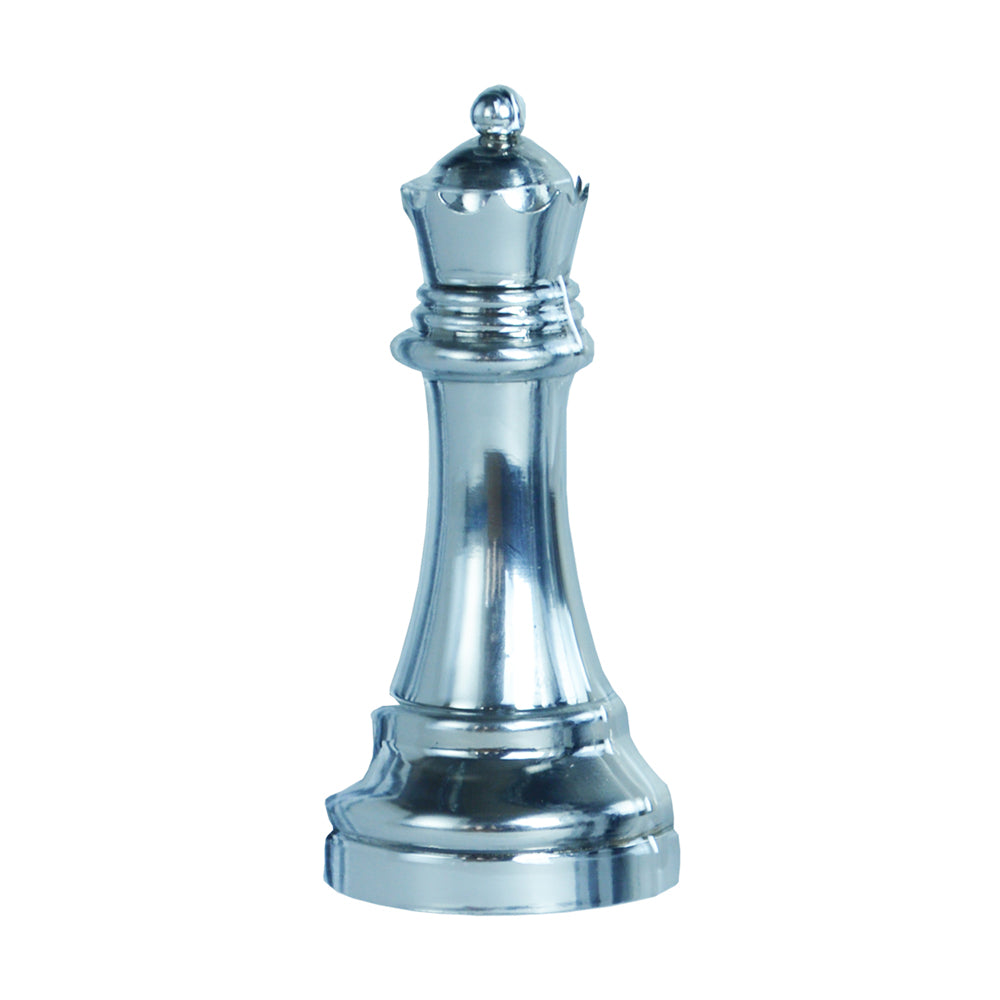 Silver metallic chess queen piece with ornate crown top and wide base on plain white background