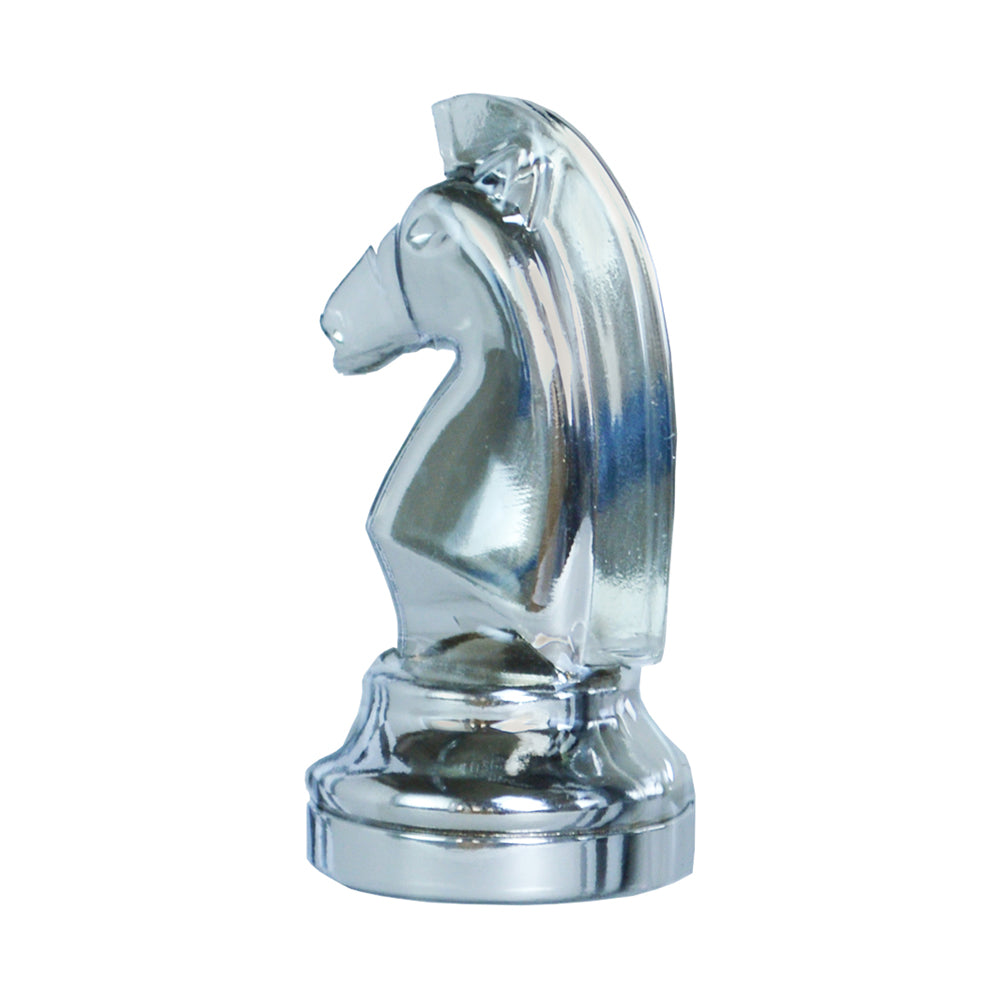 Silver metallic knight chess piece puzzle with flowing mane detail, displayed on a metallic base against white background