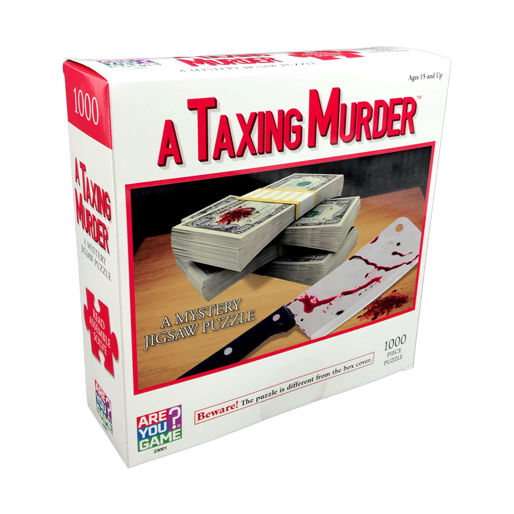 A Taxing Murder Mystery 1000-piece jigsaw puzzle box showing cash, a knife with fake blood, and scattered puzzle pieces on a wooden surface