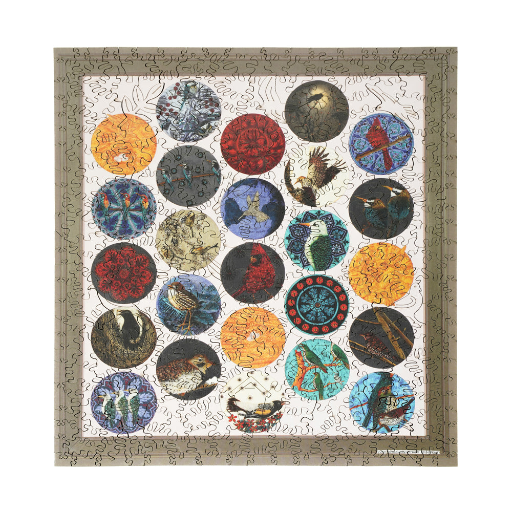 Birds of Paradise wooden jigsaw puzzle box top showing 402 colorful circular puzzle pieces with ornithological bird illustrations and decorative patterns on tan