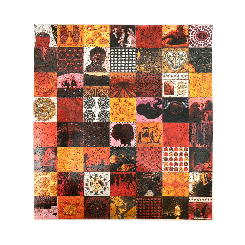 AreYouGame Life Series 456-piece wooden jigsaw puzzle featuring a grid of colorful mixed media artwork squares in red, orange, yellow, and black with portraits,