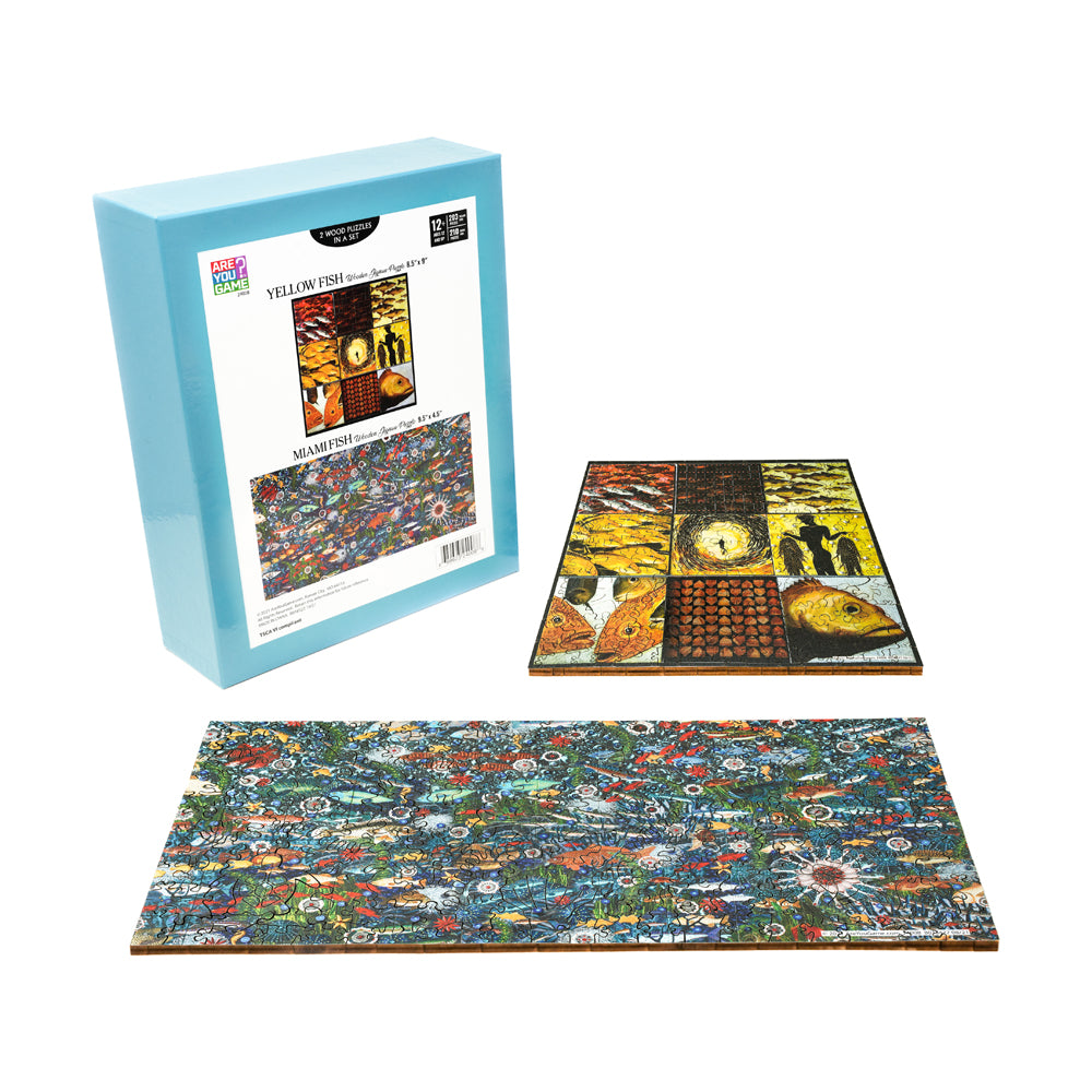 AreYouGame Yellow & Miami Fish 2-Pack Wooden Jigsaw Puzzles showing blue box packaging, completed Miami Fish puzzle with nine sections featuring fish and underw
