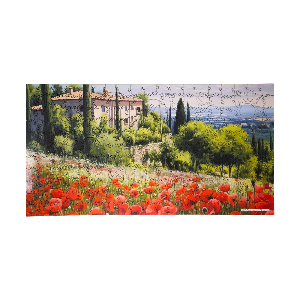 Wooden jigsaw puzzle featuring a Tuscan landscape with red poppies in foreground, villa and cypress trees in middle ground, and rolling hills under blue sky