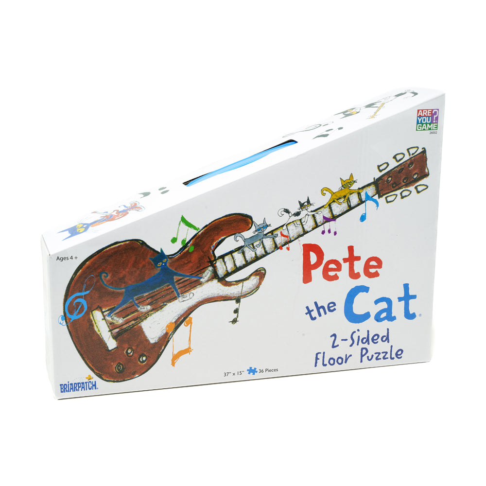 Pete the Cat 2-Sided Floor Puzzle Suitcase box showing a guitar-shaped puzzle with cats and musical notes, 36 pieces, ages 4+