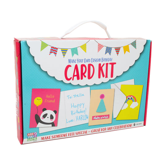 Make Your Own Custom Birthday Card Kit box featuring colorful card examples with panda, birthday wish, party hat, and bird designs on turquoise and pink packagi