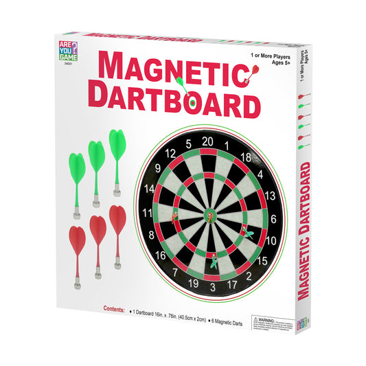 Magnetic Dartboard game box showing numbered dartboard with red, green, and black segments, and 6 magnetic darts in red and green