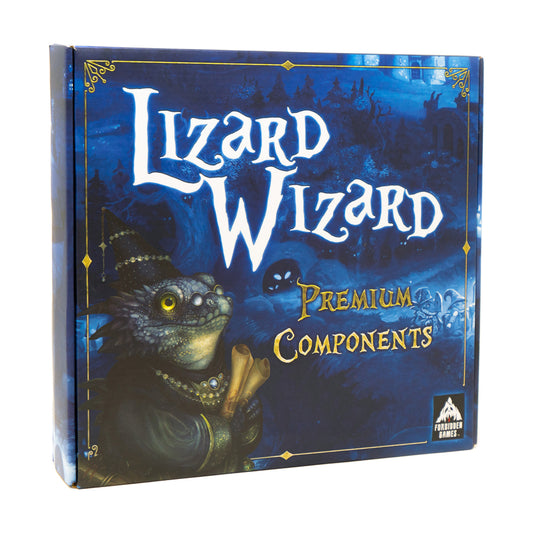 Lizard Wizard Premium Components board game box featuring a blue mystical forest scene with a jeweled lizard character and gold decorative borders