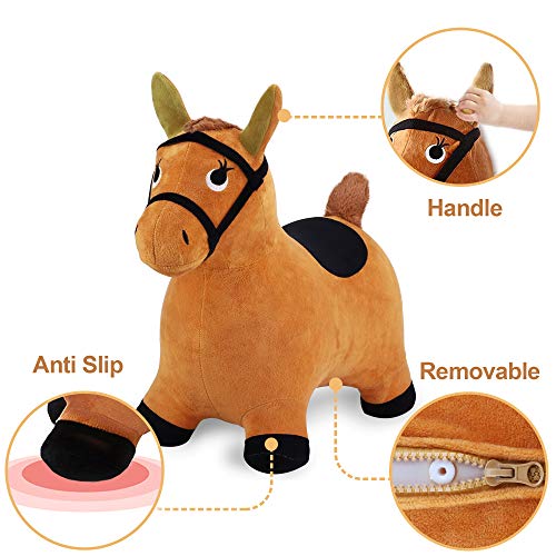 Brown plush horse ride-on toy with black harness, showing handle, anti-slip base, and removable saddle details
