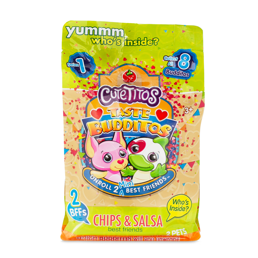Cutetitos Taste Budditos Chips & Salsa Series 1 packaging with pink and green plush character buddies shown inside