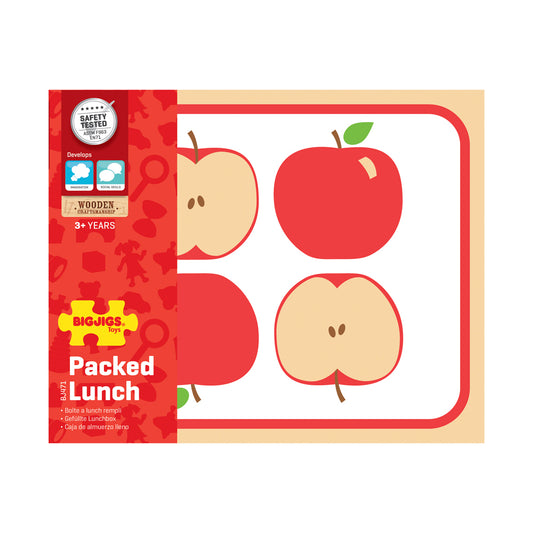 Bigjigs Toys wooden packed lunch playset box showing red and cream apple-shaped pieces with brown stems and green leaves