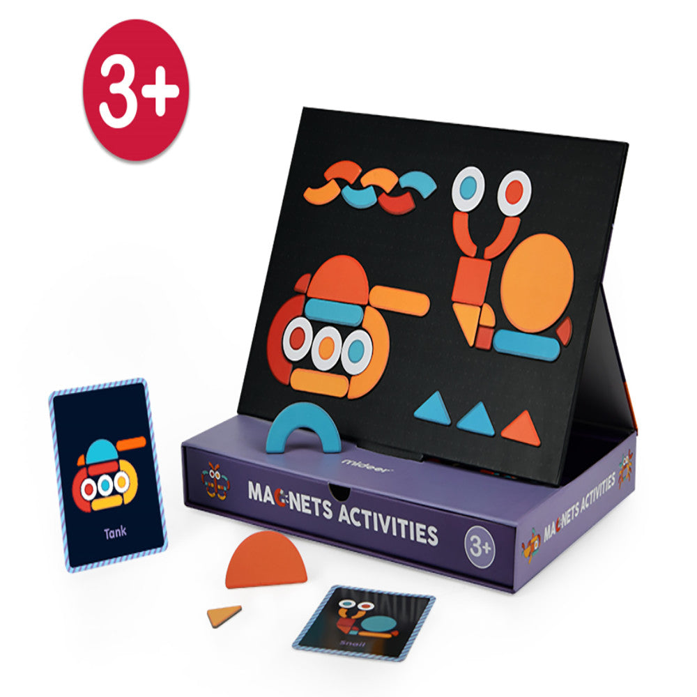 Magnetic jigsaw puzzle set with black easel board displaying colorful geometric shapes and character designs in orange, blue, and red; includes instruction card